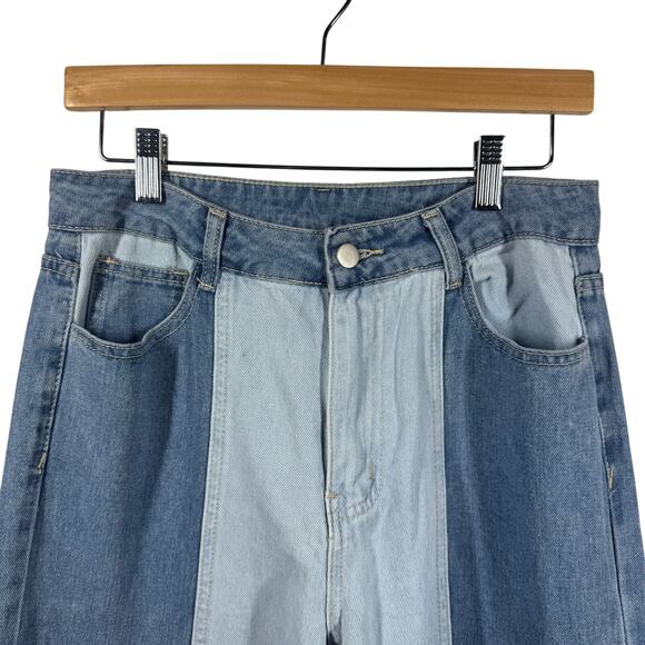 Women Jeans Size M Denim Patch Wide Leg Baggy Raw Hem Oversized Grunge Boho Pant - Picture 4 of 8